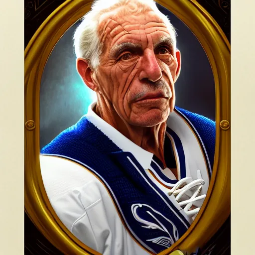 Prompt: 2020 portrait of former hockey player and coach Lou Vairo, fantasy, intricate, elegant, highly detailed, digital painting, artstation, concept art, smooth, sharp focus, luxury fashion illustration, art by artgerm and greg rutkowski and alphonse mucha, brightly lit cinematic soft lighting, photorealistic