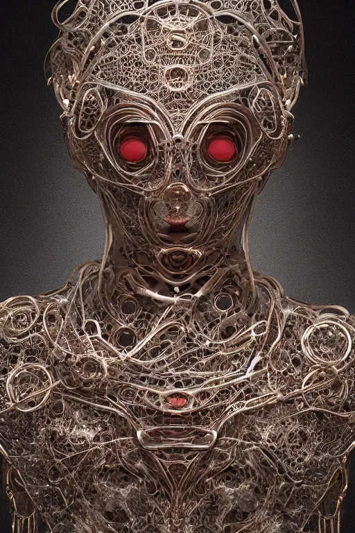 Image similar to a melancholic realistic 8k Sculpture of a complex robotic human face, liquid simulation, dramatic lighting, silver gold red details, hexagonal mesh wire, filigree intricate details, cinematic, fleshy musculature, white blossoms, elegant, octane render, art nouveau, 8k post-processing, intricate artwork by peter mohrbacher