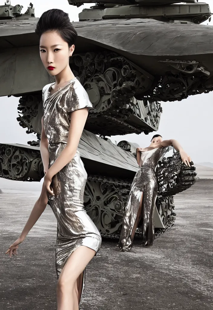 Prompt: gorgeous chinese model, elegant shiny reflective party dress, at the front of a military tank at dusk, high fashion photography for vogue italia