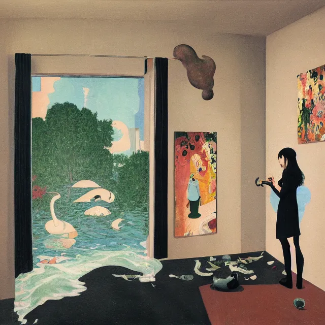 Image similar to female emo art student in her apartment, painting of flood waters inside an artist's feminine bedroom, a river flooding indoors, pomegranates, pigs, ikebana, water, octopus, river, rapids, waterfall, black swans, canoe, berries, zen, acrylic on canvas, surrealist, by magritte and monet