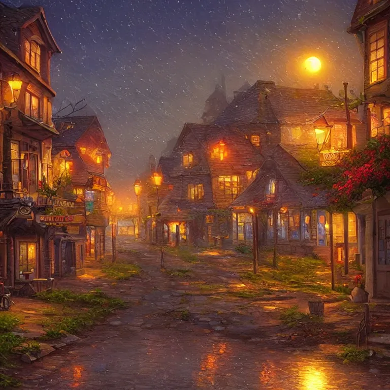 Prompt: town inspired by Evgeny Lushpin stores, cottages, streets, spring, midnight, full moon, cinematic,