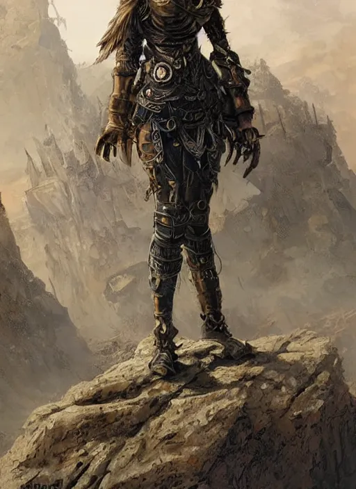 Prompt: highly detailed steampunk armor on a blond who is standing on a rock : greg rutkowski, magali villeneuve