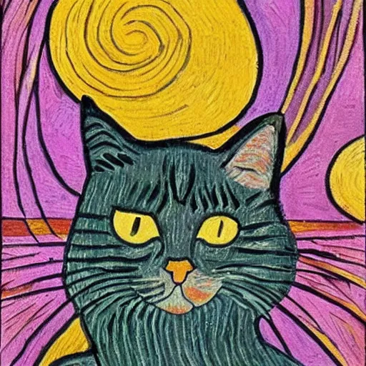 Prompt: a cat, in the style of van gogh and max ernst and picasso