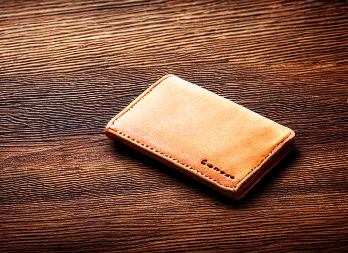 Image similar to clear highly detailed photorealistic topdown mockup product photograph of a realistic wallet on a wooden background