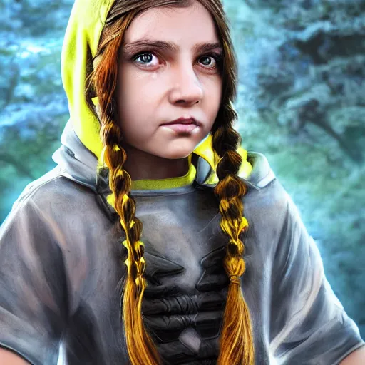 Image similar to An epic fantasy comic book style portrait painting of a young feminine boy, green eyes, fair skin, long brown hair worn in two pigtails, his left pigtail is shorter than the right pigtail, yellow hoodie with a grey undershirt, unreal 5, DAZ, hyperrealistic, octane render, cosplay, RPG portrait, dynamic lighting