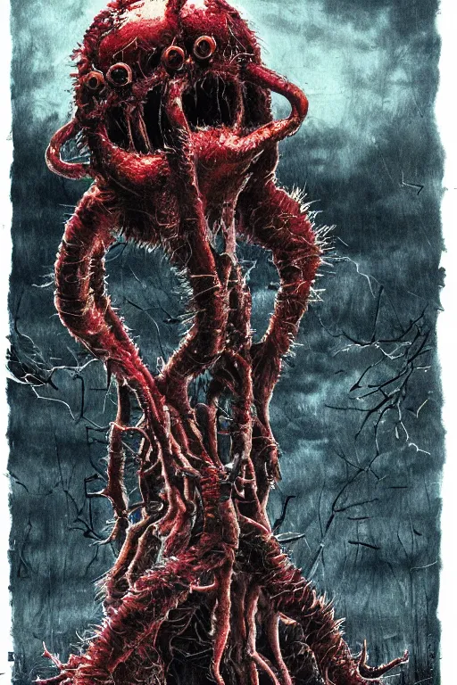 Image similar to a photorealistic horrific gorey moody atmospheric horror painted movie poster for The Thing 2 in the style of john carpenter and wayne barlowe