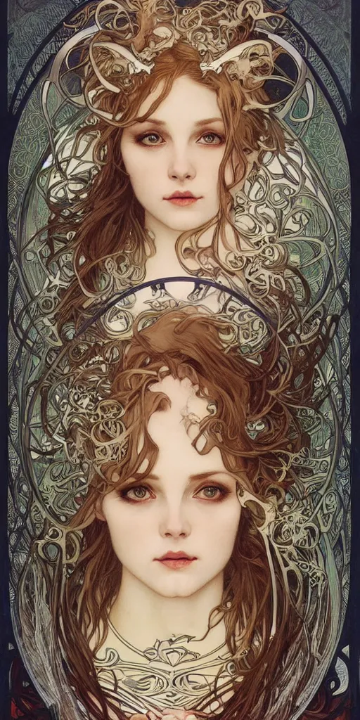 Prompt: realistic detailed face portrait of only one werewolf by Alphonse Mucha, Ayami Kojima, Amano, Charlie Bowater, Karol Bak, Jean Delville, Art Nouveau, Neo-Gothic, gothic, portrait of Mia Farrow, playing card suit hearts, playing cards, rich deep moody colors