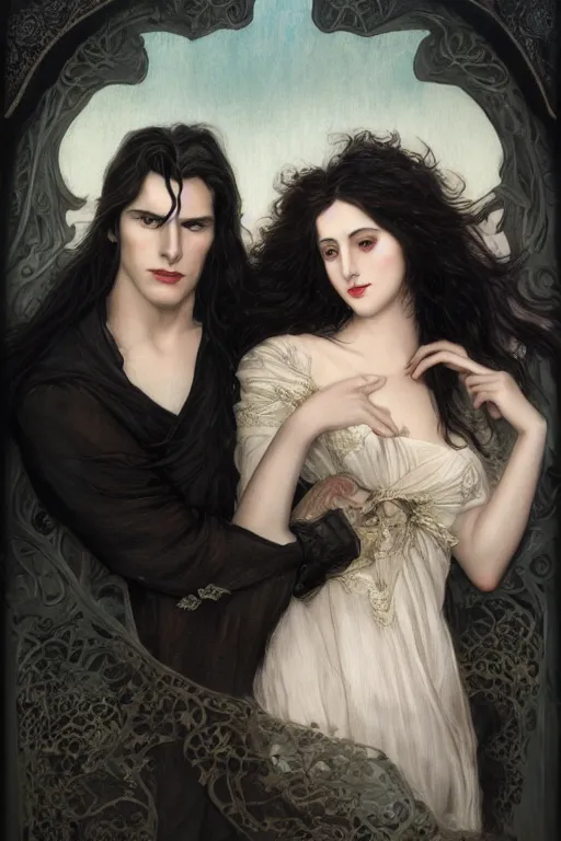 Prompt: romance Bookcover, a portrait of handsome young male vampire with long hair and his elegant beautiful dark bohemian wife, bored, illustration, dramatic lighting, soft details, painting oil on canvas, art nouveau, octane render, HDR, 4k, 8k, HD, by Edmund Blair Leighton, Brom, Charlie Bowater, trending on artstation, faces by Tom Bagshaw, Sargent