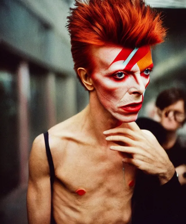 Image similar to a color photograph of david bowie, by nan goldin, intense, bold, exaggerated, overblown, hyperrealistic, ultra sharp, extra details, ultra high quality, trending on pinteresst