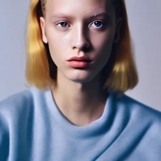 Image similar to realistic photoshooting for a new balenciaga lookbook, color film photography, portrait of a blonde european woman, in style of tyler mitchell, 3 5 mm,