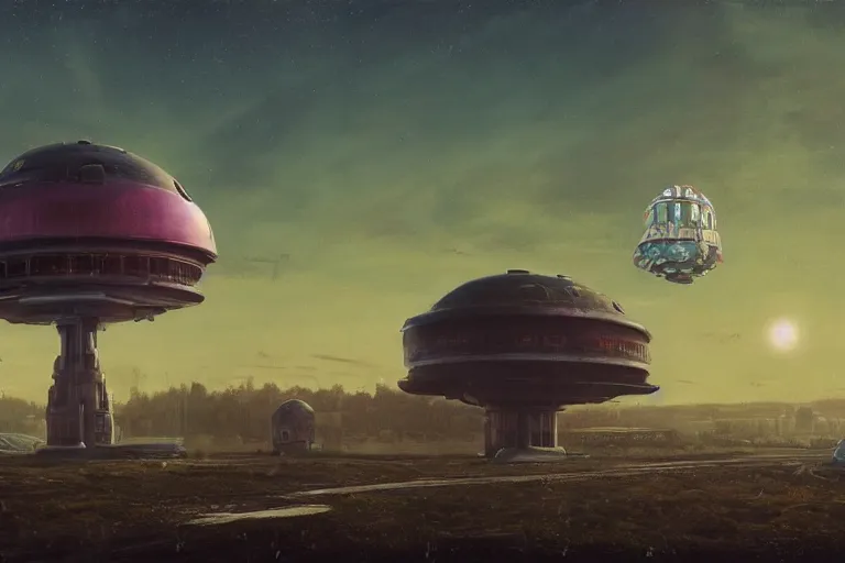 Image similar to a beautiful matte painting of a alien spaceship over the soviet village simon stalenhag and alan bean, trending on artstation, realistic rendering