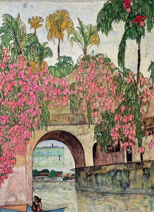 Prompt: ahwaz city in iran with a through arch bridge on local river, 3 boat in river, 2 number house near a lot of palm trees and bougainvillea, hot with shining sun, painting by egon schiele