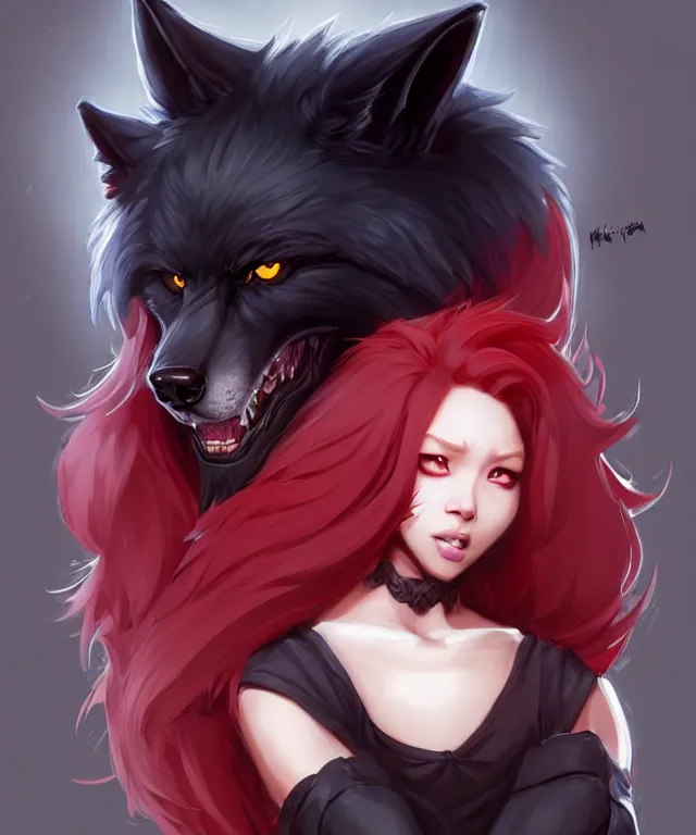 Image similar to character concept art of a black anthropomorphic male furry wolf long red hair | | cute - fine - face, pretty face, key visual, realistic shaded perfect face, fine details by stanley artgerm lau, wlop, rossdraws, james jean, andrei riabovitchev, marc simonetti, and sakimichan, trending on artstation