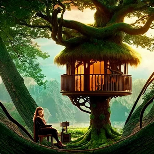 Prompt: An incredibly beautiful scene from a 2022 Marvel film featuring a cozy art nouveau reading nook in a fantasy tree house. 8K UHD.