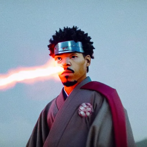 Image similar to cinematic film still of Chance The Rapper starring as a Samurai holding fire, Japanese CGI, VFX, 2022, 40mm lens, shallow depth of field, film photography