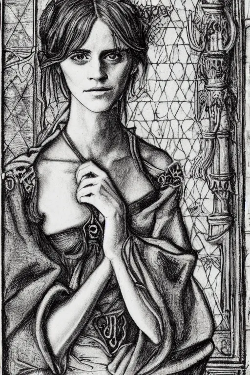 Image similar to realistic medieval etching of emma watson, high detail, elaborate composition, quality draughtmanship, detailed faces. by austin osman spare, occult art, alchemical diagram