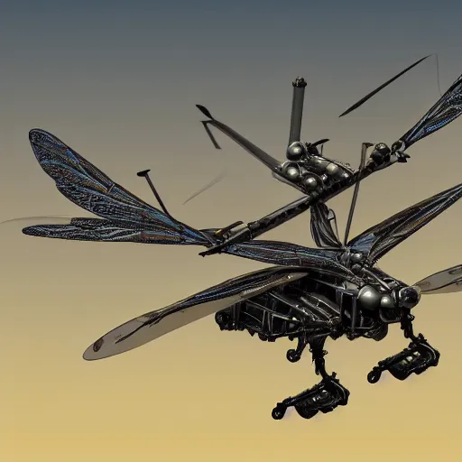 Prompt: a mechanized dragonfly with wings spread out, landing gear for legs orthographic view, top down view, bottom view, side view, blueprints, apache chopper, mecha, helicopter, space shuttle, robotic, highly detailed, artstation, super realistic, unreal engine