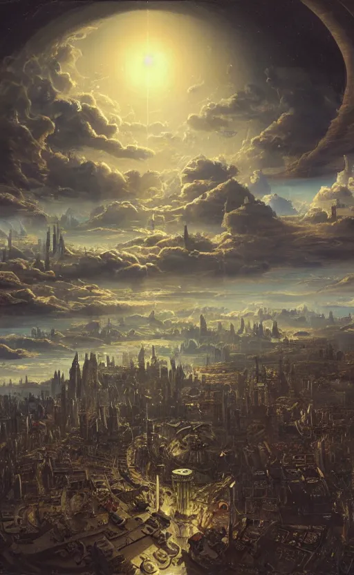 Image similar to A vast planetary sci fi city by Ansel Adams and Bernardo Bellotto, oil on canvas, artstation, dramatic scenery, masterpiece, aesthetic