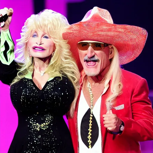 Image similar to Hulk Hogan and Dolly Parton perform on stage, biblically accurate