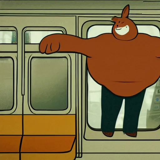 Prompt: Grainy vintage illustration of big chungus in real life on a subway train hunting the viewer for sport, full body portrait, hyper-realism