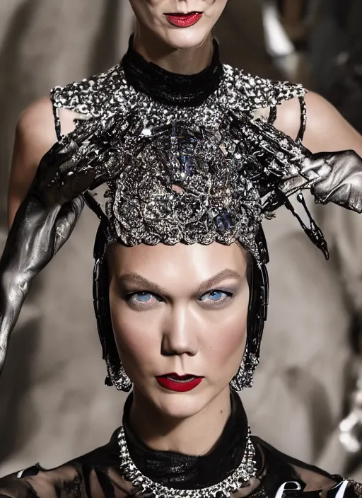 Image similar to A beautiful portrait of Karlie Kloss as a model at Chanel fashion show Paris Spring/Summer 2018, highly detailed, in the style of cinematic, fashionweek backstage, makeup by Pat Mcgrath, shot by Greg rutkowski