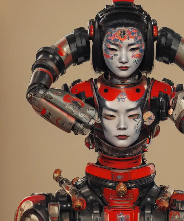 Image similar to an epic fantastic realism comic book style portrait painting of a japanese robotic geisha with kanji tattoos and decals, apex legends, octane render, intricate detail, 4 k hd, unreal engine 5