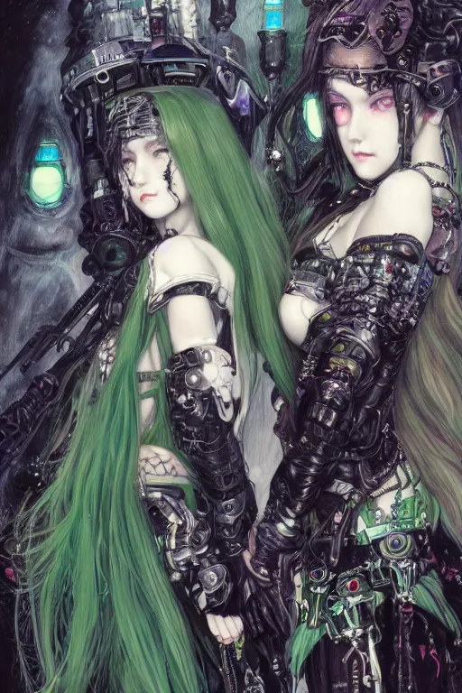 Image similar to two cute beautiful young goth maidens, green hairs and white hairs, cyberpunk, Warhammer 40000, gothic, highly detailed, artstation, illustration, art by Gustav Klimt and Range Murata