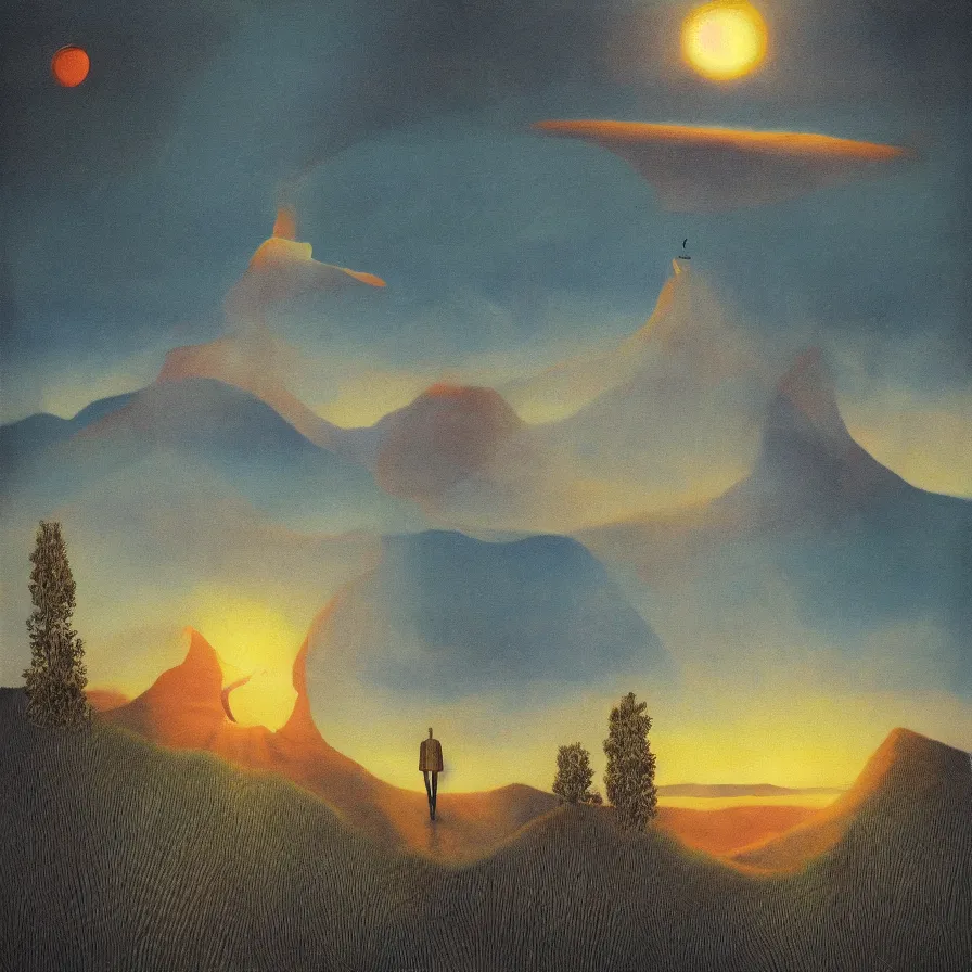 Prompt: surrealist symbolic artwork of the atmospheric indie music album titled :'the long road to the sun '. forests, valley, distant hills, sunrise