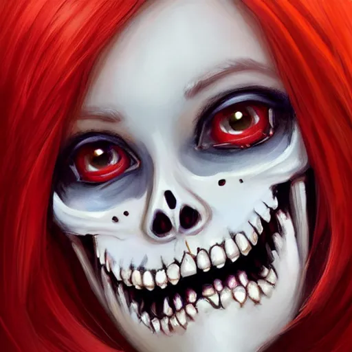 Image similar to cute & beautiful smug smiling undead skeleton girl with very attractive face and red hair dressed as a cheeleader, elegant, digital art, fullbody painting, fantasy, pixar style, painting, pin up, highly detailed, artstation, art by artgerm, vrubel, greg rutkowski, ilya kuvshinov, raymond swanland