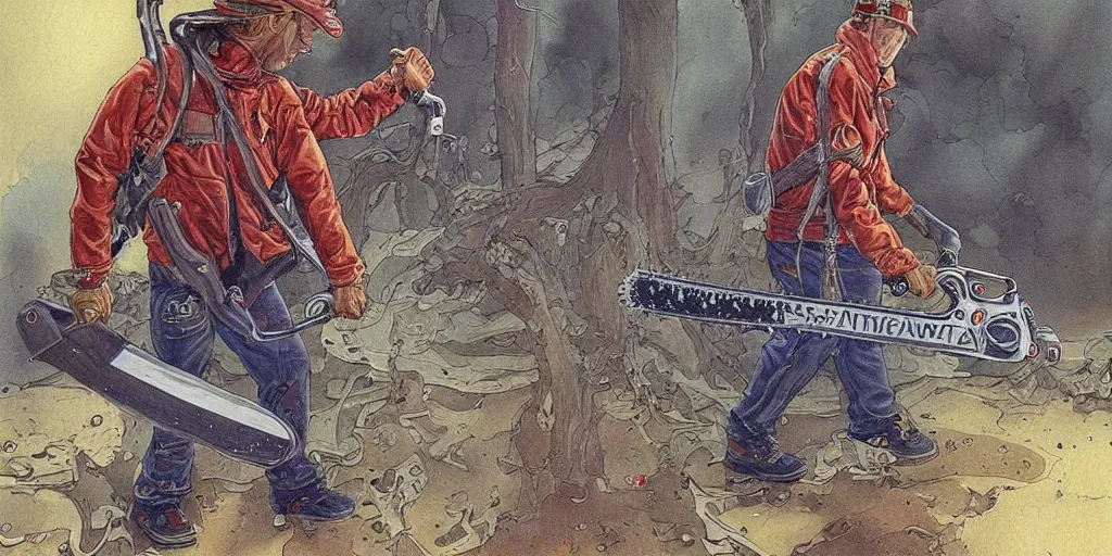 Image similar to Highly detailed painting of a chainsaw man by moebius