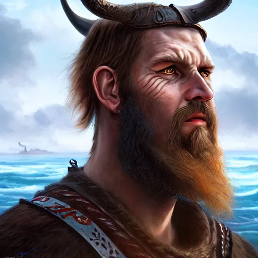 Image similar to portrait of a viking, male standing on the beach facing camera, epic fantasy, detailed, intricate, digital painting, concept art, realistic, smooth, focus, rim light