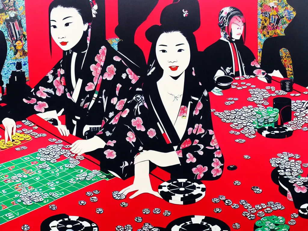 Prompt: hyperrealism composition of the detailed single woman in a japanese kimono sitting at a extremely detailed poker table with darth vader, fireworks, river on the background, pop - art style, jacky tsai style, andy warhol style, acrylic on canvas