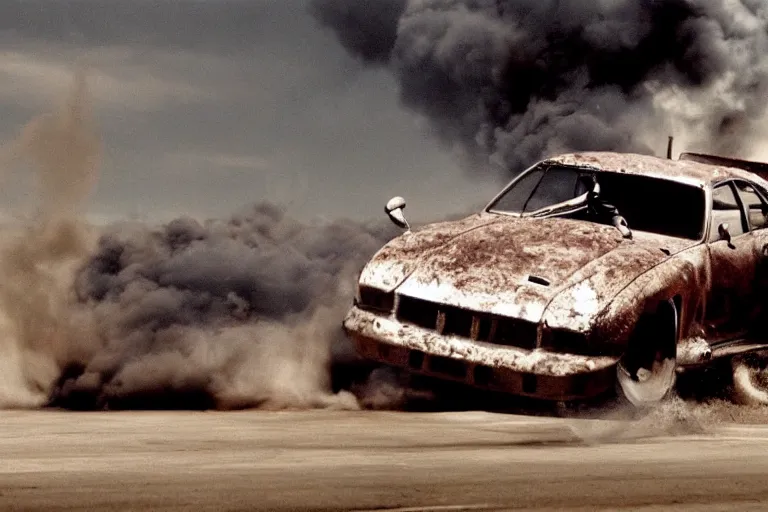 Prompt: Paul Walker driving in Mad Max Road Warrior, rusted, cobbled together Nissan R34 GTR, movie still, cinematic Eastman 5384 film