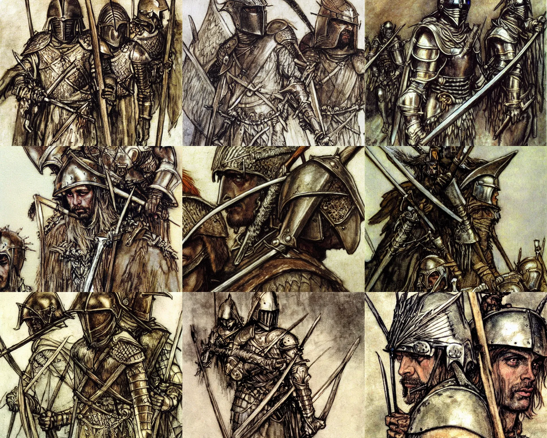 Prompt: A closeup portrait of sad, weary knights in winged helmets with spears in their hands, leaving for battle, realistic painting by Arthur Rackham, 50mm, concept art, epic