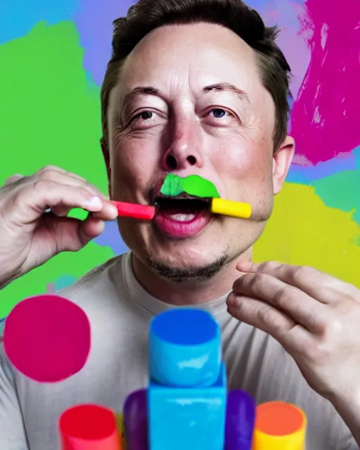 Image similar to a man eating crayons with a fork, box of wax pastels, elon musk, 4 k, high quality, crayons served on a plate