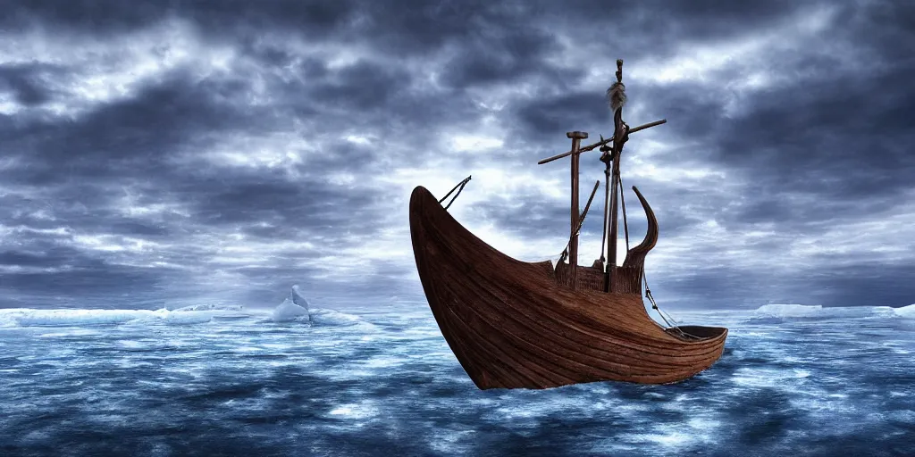 Prompt: arctic ocean, viking ship at sea, wallpaper, digital art