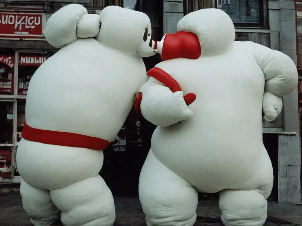 Image similar to 3 5 mm kodachrome colour photography of michelin man and stay - puft marshmallow man kissing each other, just they in love, no more characters, two characters taken by harry gruyaert