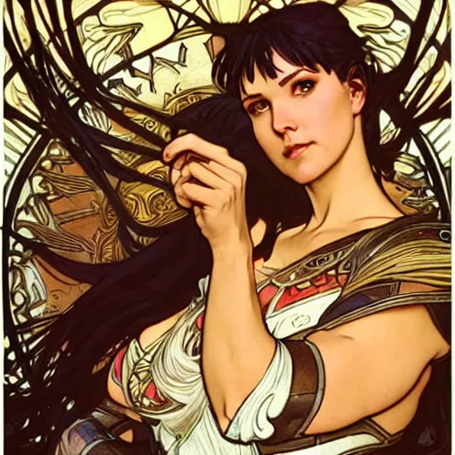 Image similar to xena warrior princess eating at a restaurant art by artgerm and greg rutkowski and alphonse mucha - w 7 6 8