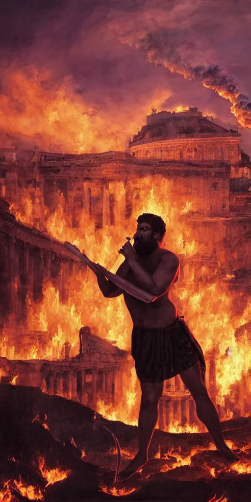 Image similar to black silhouette realistic painting of roman emperor nero as a dwarf playing the flute while roman structures are on fire in background, hyper realistic, 8 k resolution, roman amphitheater and skyline of ancient rome is on fire, red skies, smoke billows over the horizon, cans of spinach are falling from space