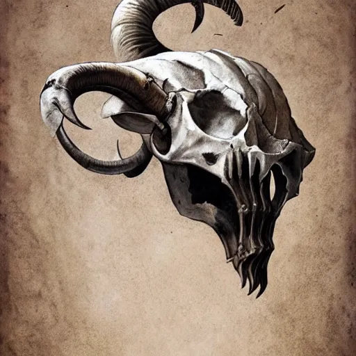 Image similar to man with goat horns holding an animal skull, style of da vinci, fantasy illustration, by greg rutkowski