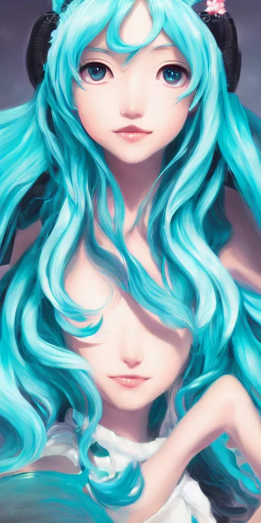 Image similar to A very beautiful painting of Hatsune Miku by rossdraws, wlop, artgerm, Gil Elvgren, Ilya kuvshinov