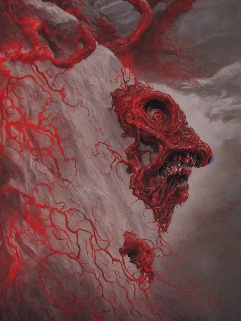 Image similar to painting by wayne barlowe of a flying sorrowful looking severed human head with tears running down it's eyes, face that is chalk white in color, with long sprawling white tentacles stemming down it's neck, fiery scorching red eyes, flying inside a terrifying hellish cave with lava flowing through it's walls, 4 k