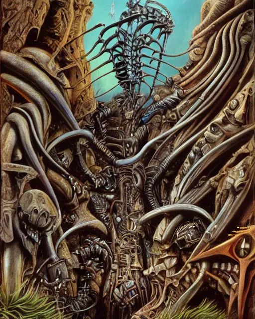 Image similar to artwork by hr giger, by roger dean, by julie bell, biomechanical, 4 k, hyper detailed