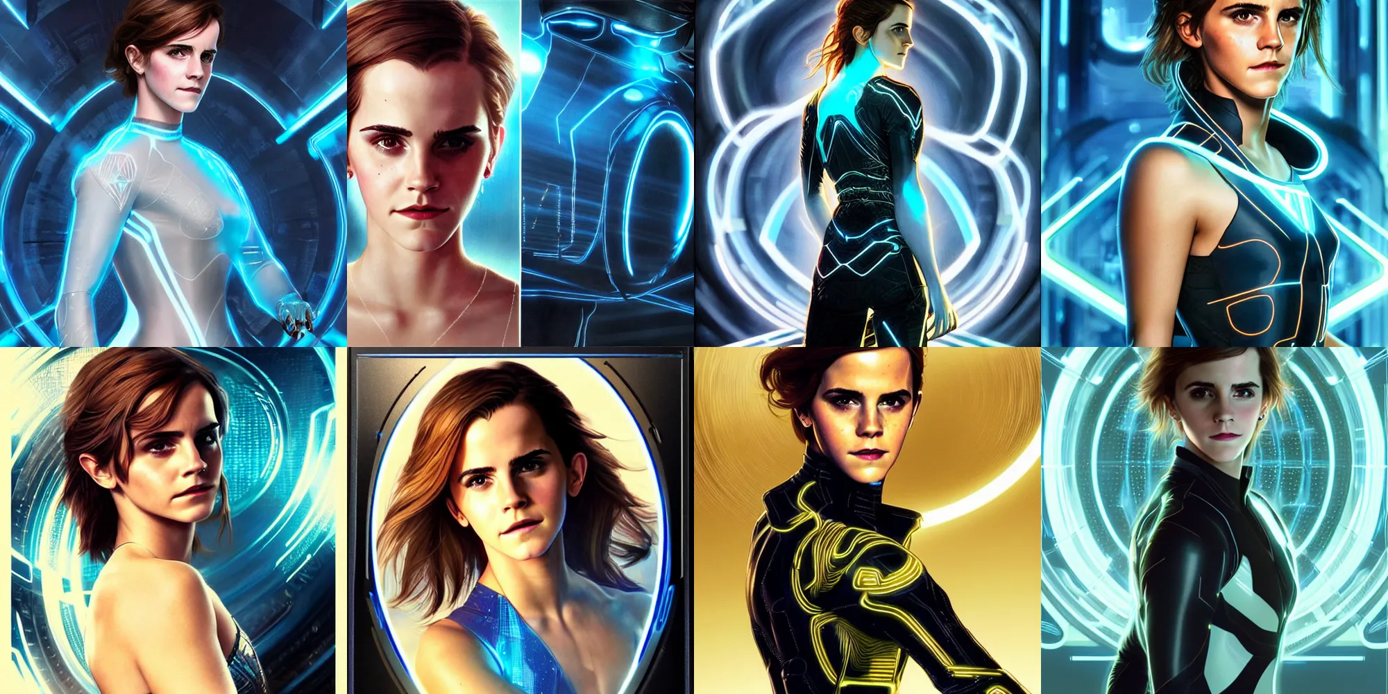 Prompt: portrait of emma watson in a tron legacy costume, highly detailed and intricate, 4 k, art by artgerm and greg rutkowski and alphonse mucha