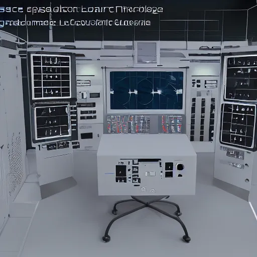 Image similar to space laboratory, cozy, simple, computer control panel, counter with future science technology, reflective surfaces, unreal engine 5 tech demo, unsplash