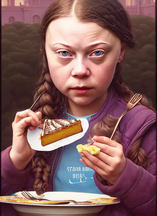 Image similar to highly detailed closeup portrait of greta thunberg eating cakes, stephen bliss, unreal engine, greg rutkowski, ilya kuvshinov, ross draws, tom bagshaw, tom whalen, alphonse mucha, nicoletta ceccoli, mark ryden, earl norem, global illumination, god rays, detailed and intricate environment