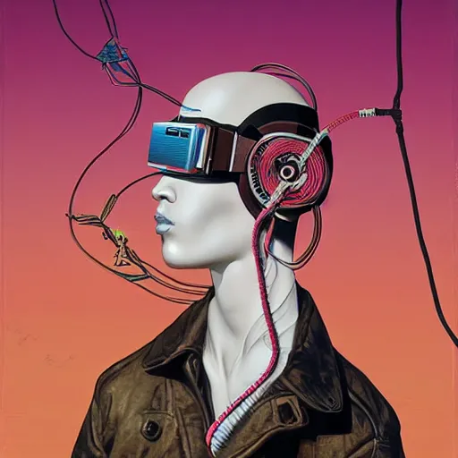 Image similar to Tristan Eaton & Greg Rutkowski, award winning masterpiece with incredible details, Zhang Kechun, a surreal vaporwave vaporwave vaporwave vaporwave vaporwave painting by Thomas Cole of an old pink mannequin head wearing VR goggles with cables and wires coming out of it's neck, highly detailed