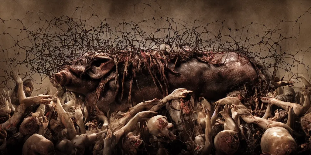 Image similar to a highly detailed realistic photographic render of swarm of corpses worshipping a severed head of a pig with crown of thorns , dead souls, religious sculpture, creepy, cinematic lighting, cinematic scene, Volumetric lighting, Atmospheric scene, Dark, Horror, Atmospheric lighting, Global illumination, realistic, photo realism, hyper realistic, hyper realism, photo realisitc, cinematic render, film, beautifully lit, ray traced, octane 3D render, octane render, unreal engine