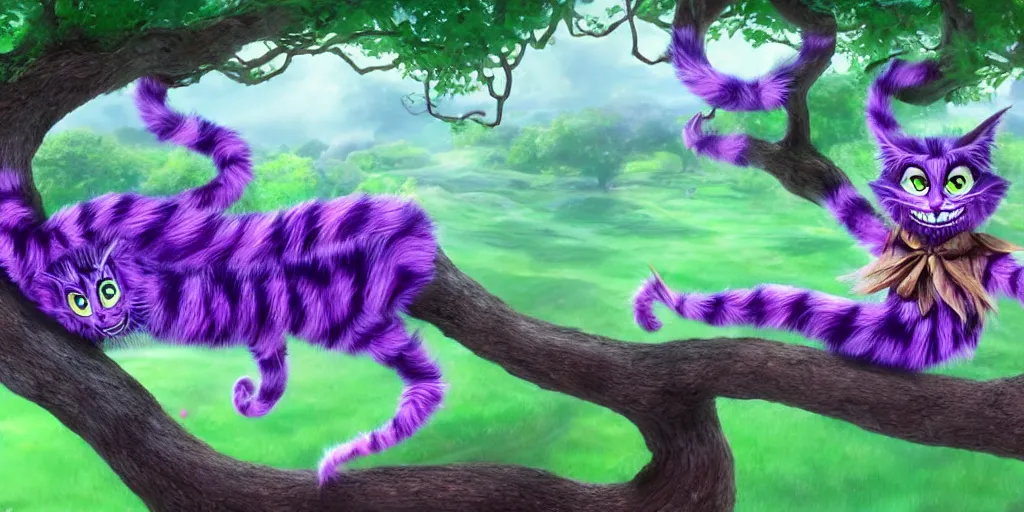 Image similar to The Cheshire Cat hanging in a tree, Alice in wonderland, colorful, wide angle, super highly detailed, professional digital painting, artstation, concept art, smooth, sharp focus, no blur, no dof, extreme illustration, Unreal Engine 5, Photorealism, HD quality, 8k resolution, cinema 4d, 3D, beautiful, cinematic, art by artgerm and greg rutkowski and alphonse mucha and loish and WLOP