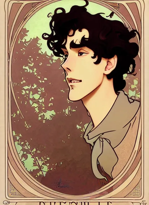 Image similar to art nouveau portrait of a handsome young man with curly medium length very messy light brown hair, brown eyes, aloof, t - shirt, natural lighting, path traced, highly detailed, high quality, cartoon, digital painting, by don bluth and ross tran and studio ghibli and alphonse mucha